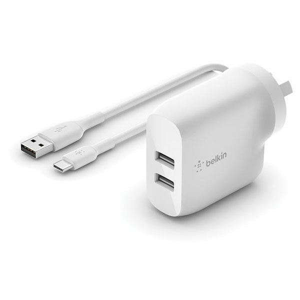 Belkin BoostUp Charge 24W Dual USB-A Wall Charger + USB-A to USB-C Cable (White)